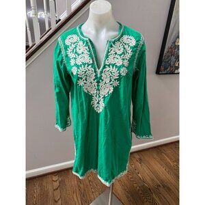 Gallabia Green White Embroidered Mini Kaftan Cover Up Dress Size 4